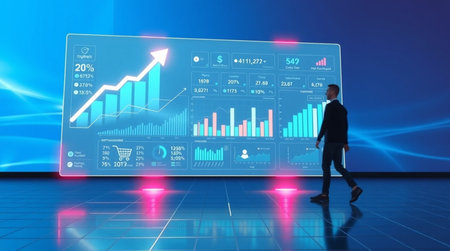 Businessman walking in front of interactive screen with financial charts and graphs
