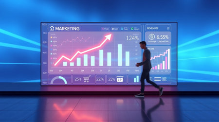 Digital composite of Businessman walking in front of screen with financial graph