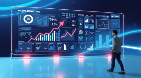 Businessman in front of a big screen with financial charts and graphs