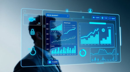 Businessman in suit using virtual panel with graphs and charts 3D rendering