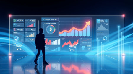 Futuristic virtual graphic touch user interface showing business analytics and statistics