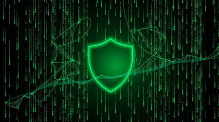 Cyber security concept with shield and binary code. 3d illustration