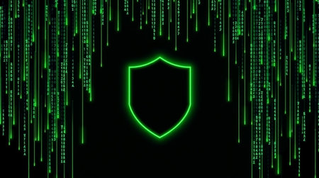 Abstract background with green binary code and shield. Cyber security concept.