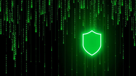 Cyber security concept. Shield on green binary code background. Vector illustrationの写真素材