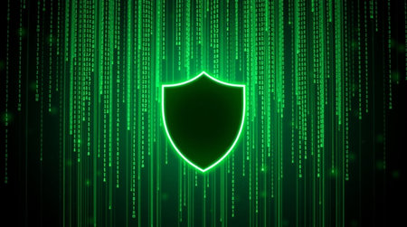 Cyber security concept. Shield and binary code background. Vector illustrationの写真素材