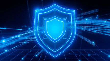 Cyber security concept. Shield with binary code on dark background. 3D Rendering