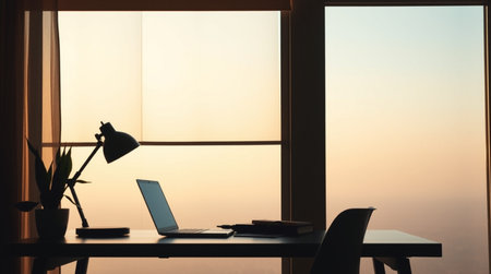 Modern workplace with laptop and coffee cup on wooden table in office at sunriseの写真素材