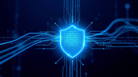 Cyber security concept with shield and binary code. 3D Rendering
