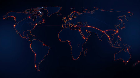 Map of the world with luminous red lines on dark blue background