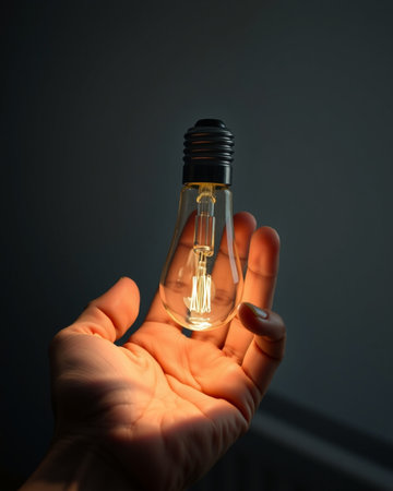 Hand holding a glowing light bulb on a dark background, with copy space