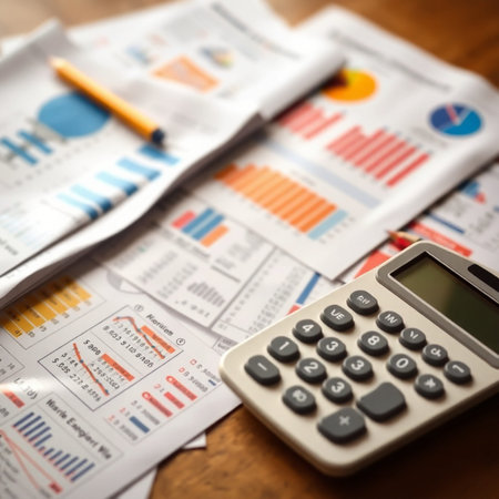 financial charts and graphs on the table with calculator and pencil, business conceptの写真素材