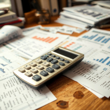 Calculator and financial documents on the office table. Business concept