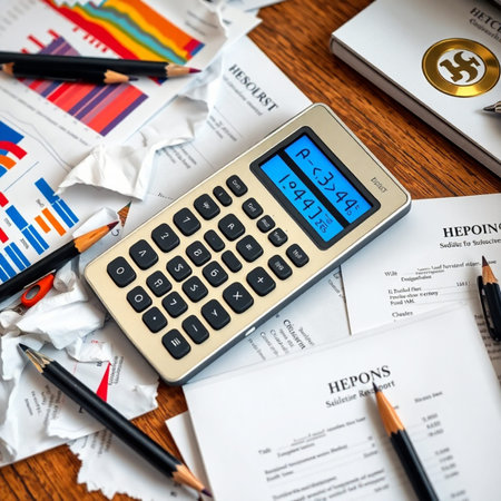 calculator on the office table with financial reports and stationery