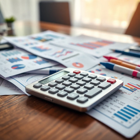 calculator on the table with financial reports and graphs, business conceptの写真素材