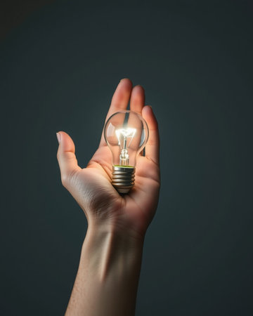 Female hand holding a glowing lightbulb on dark background with copy spaceの写真素材