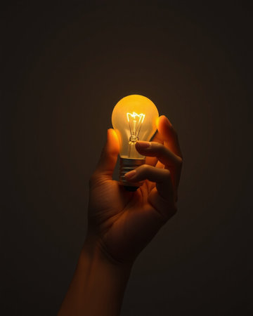 Hand holding a light bulb on a dark background, concept of idea