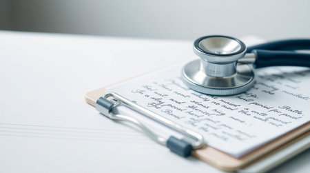 Stethoscope and notebook on wooden table, medical and healthcare conceptの写真素材