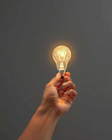 Close up of human hand holding a glowing lightbulb on grey backgroundの写真素材