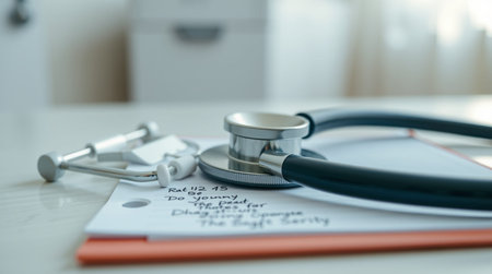 Stethoscope and prescription on the table in the doctor's officeの写真素材