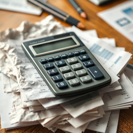 calculator and papers on the wooden table, business accounting concept
