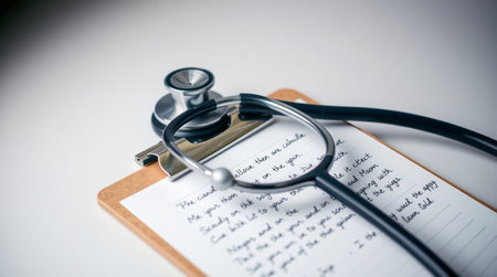 Stethoscope and a prescription on a white background with copy space