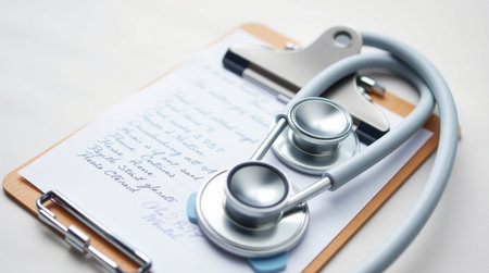 Stethoscope and clipboard on white background. Health care concept.