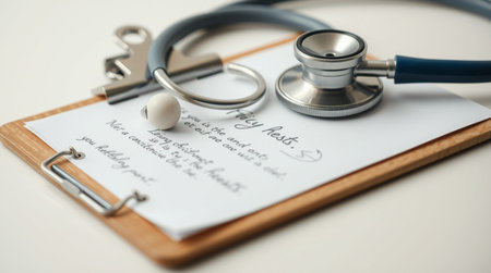 Stethoscope and a prescription on a white table, closeup