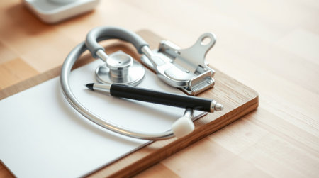 Stethoscope on a wooden table with a blank notepad.の写真素材