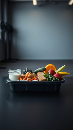Healthy lunch box with vegetables, fruits and bread on black tableの写真素材