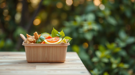 Vegetable salad in a wooden bowl on a wooden table.の写真素材