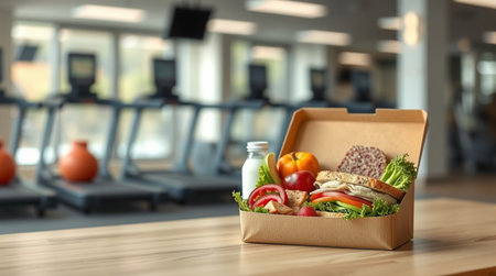 Box with healthy food on wooden table in gym. Weight loss conceptの写真素材