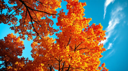Autumn leaves against the blue sky. Beautiful autumn landscape. Fall season.の写真素材
