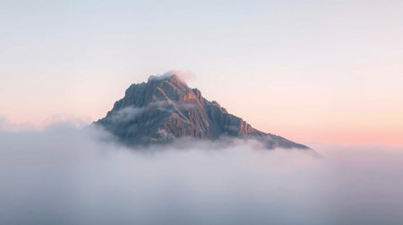 Mountain peak in the clouds at sunrise.の写真素材