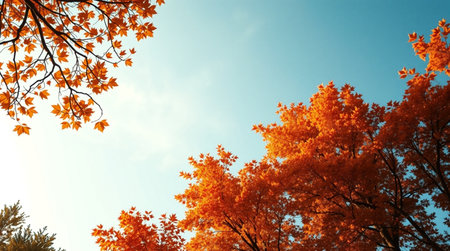 Autumn leaves on the blue sky background. Fall season concept.の写真素材