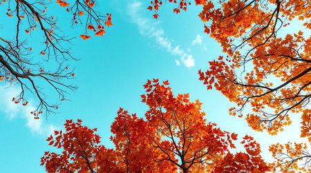 Beautiful autumn leaves on blue sky background. Fall season concept.の写真素材