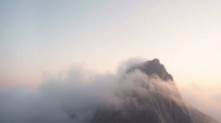 Panoramic view of the mountain peak in the clouds at sunriseの写真素材