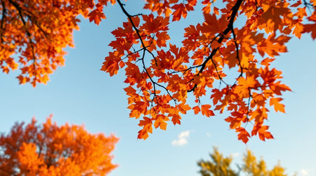 Autumn maple leaves on the background of the blue sky in the parkの写真素材