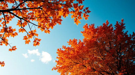 Autumn leaves on the blue sky background. Beautiful nature scene.の写真素材