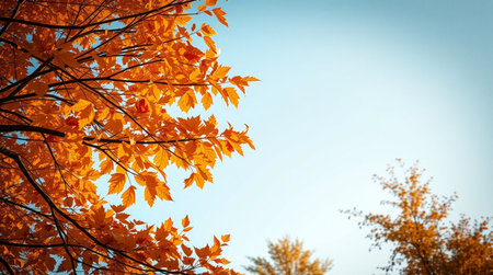autumn leaves on blue sky background, fall season, copy spaceの写真素材