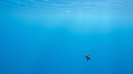 Turtle swimming underwater in blue sea water. Underwater world.の写真素材