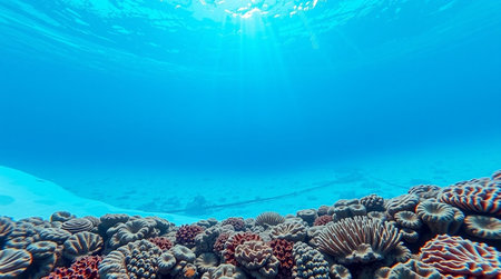 Underwater view of a coral reef with sunlight in the blue seaの写真素材
