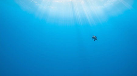 Underwater view of a turtle swimming in the blue sea.の写真素材