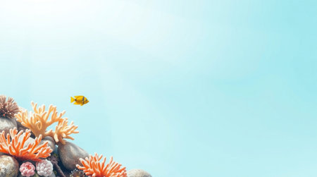 Coral reef and fish on blue sky background with copy space.の写真素材