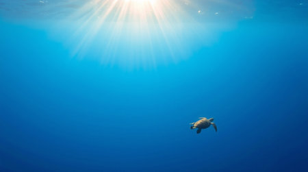 Turtle swimming in the blue ocean with sun rays and lens flareの写真素材