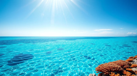 Beautiful coral reef and turquoise sea water on the background of blue skyの写真素材