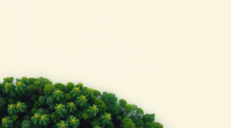 Top view of green tree in foggy forest with copy space for textの写真素材