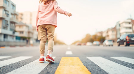cropped view of little girl walking on zebra crossing in cityの写真素材