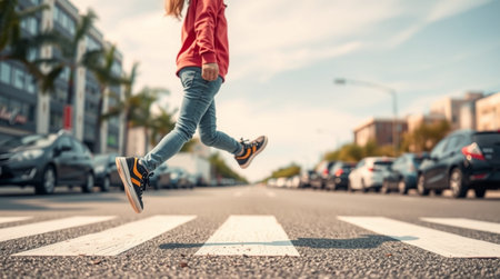Close-up of a girl crossing the road in the city.の写真素材