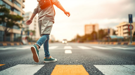 Child crossing the road in the city at sunset, shallow depth of fieldの写真素材