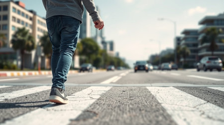Close-up of a man walking on the crosswalk in the city